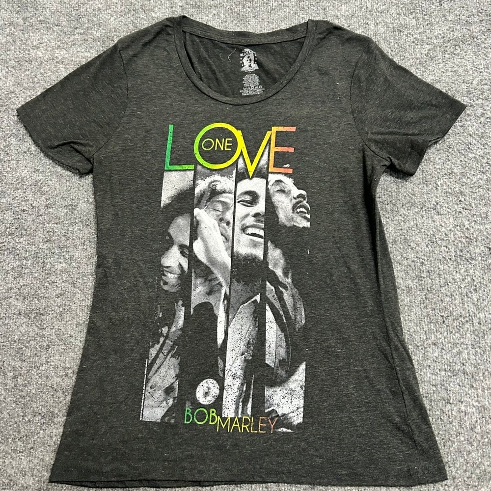Bob Marley Shirt Womens Size L Charcoal Gray One Love Graphic Tee Short Sleeve
